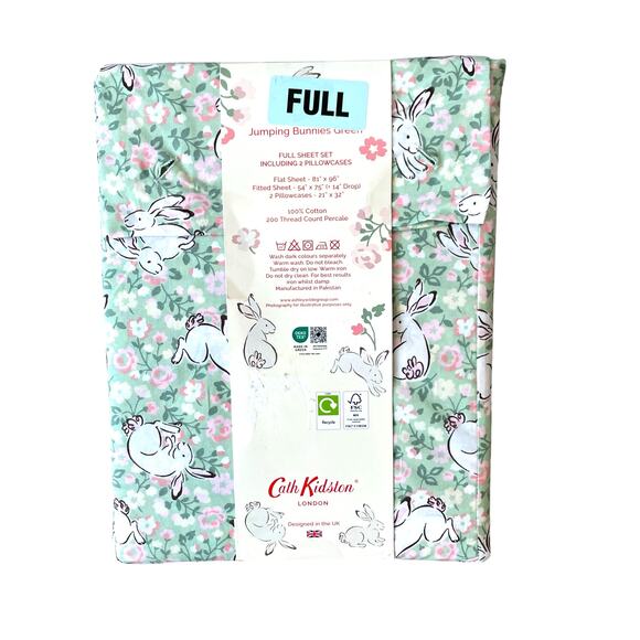 Cath Kidston london JUMPING BUNNIES GREEN Floral 4pc FULL Sheet Set NEW - Picture 1 of 10